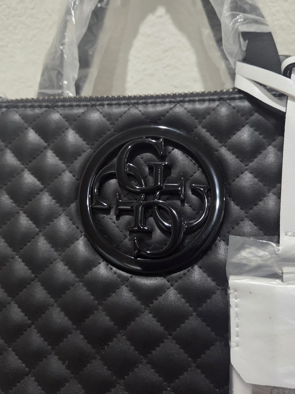 Guess G-Lux Status Black Quilted Satchel with Top Handles Black White Multi NWT
